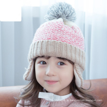 Miúdos Bonitos Do Inverno Quente De Malha Gorro Earflap POM POM Crochet Caps Cabeça Ear Warmer Hat para 1-5 Anos (HW601)